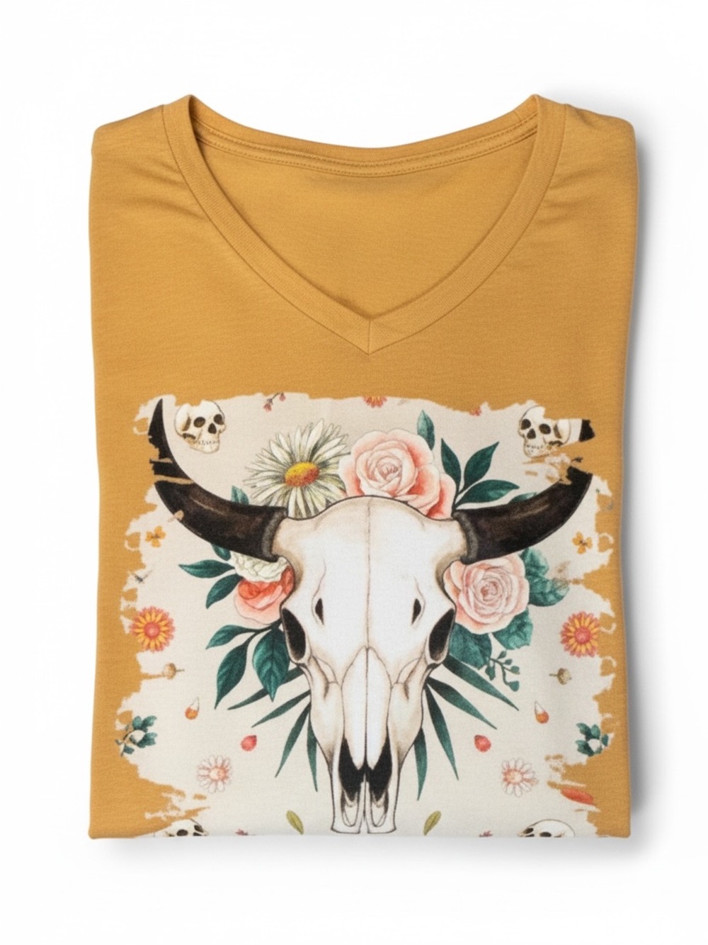 Hand CraftedWestern Cow Skull Floral Graphic Tee Dress 4XL Mustard Yellow NWOT
